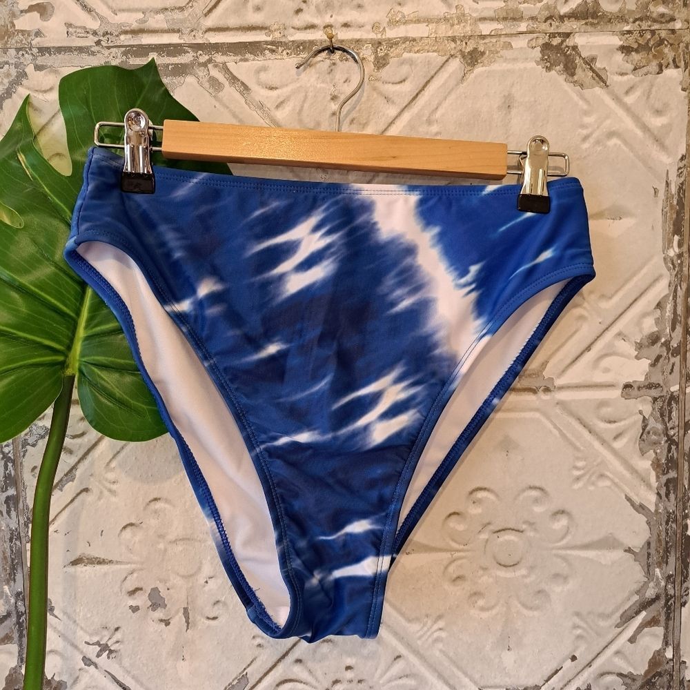 Exhilaration Blue Tie-Dyed High Leg Waist Bikini Bottom Y2K Beach NWOT Sz L